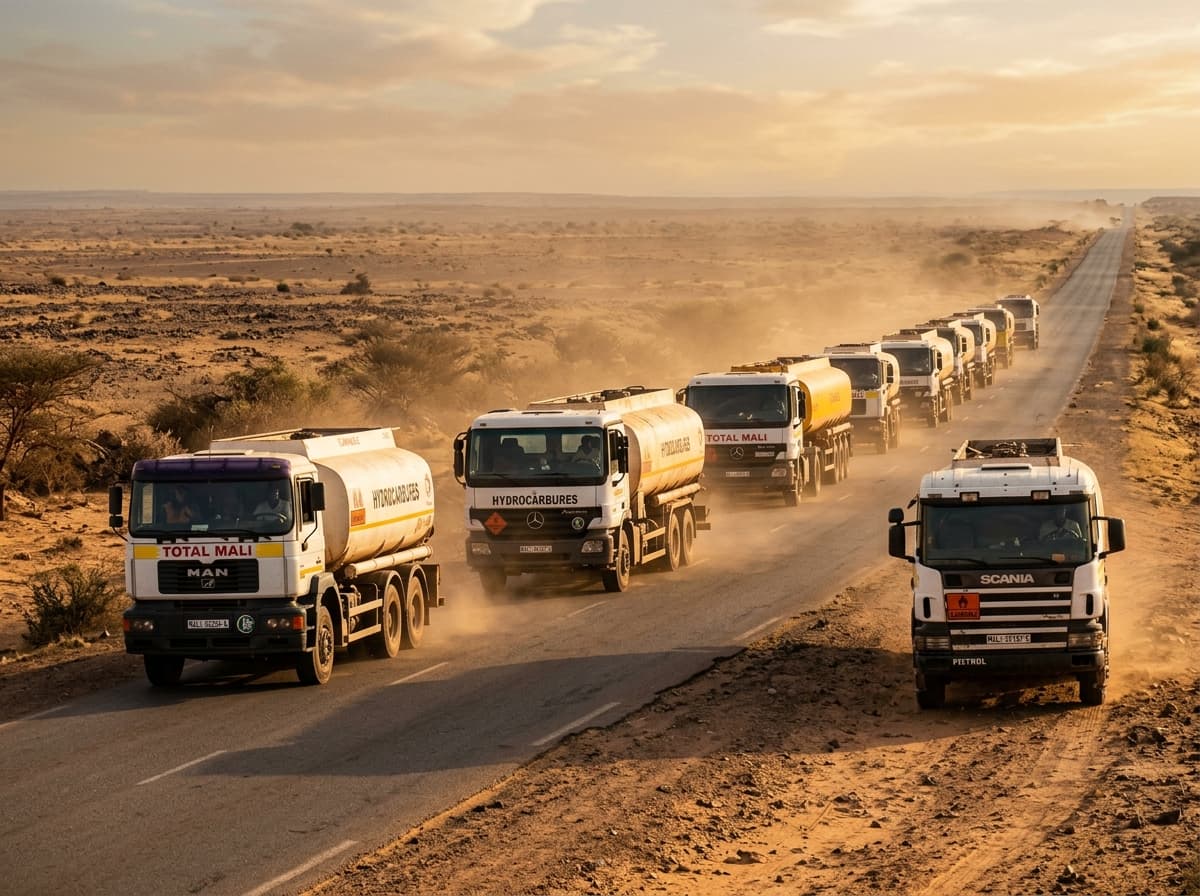 Convoi de camions-citernes sur un axe routier ouest-africain.