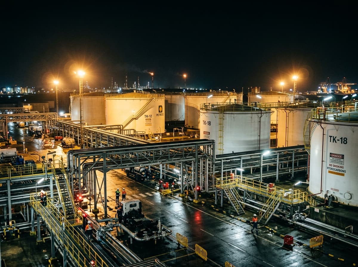 Vue nocturne d’un terminal de stockage de produits pétroliers.
