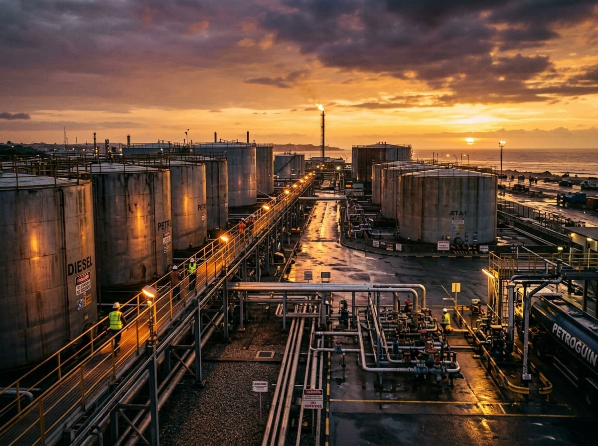 Terminal de stockage de produits pétroliers au crépuscule.