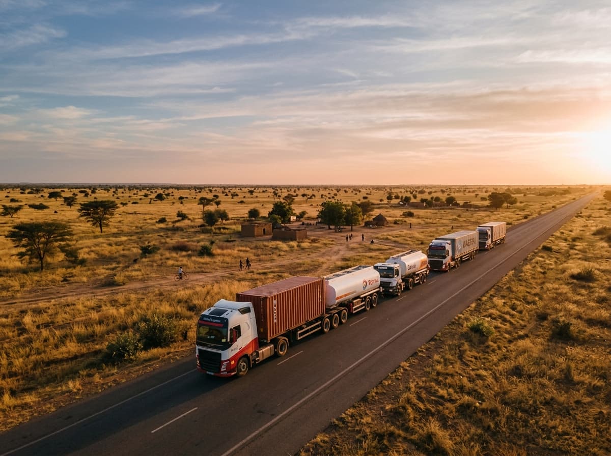 Convoi routier sur un corridor logistique ouest-africain.