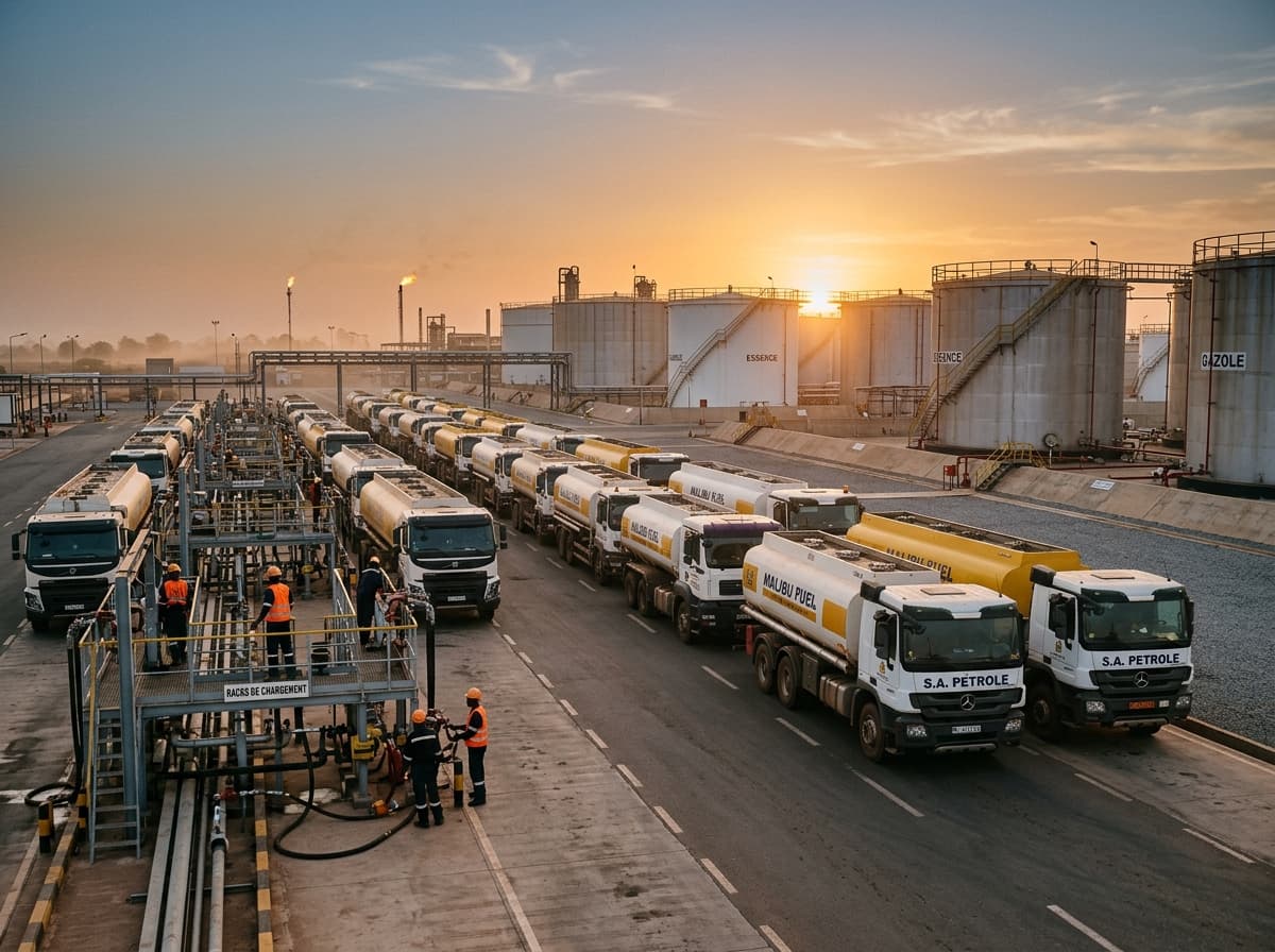 Chargement de camions-citernes sur un dépôt pétrolier.